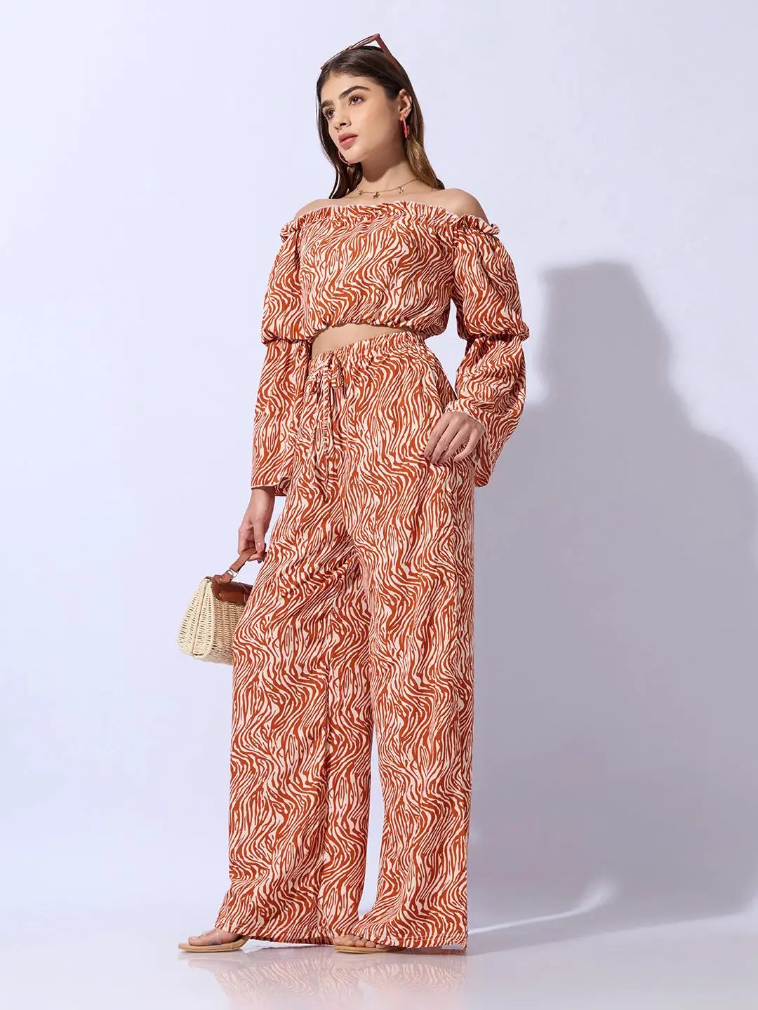 Women's Abstract Rust Off-Shoulder Top with Trouser Co-ord Set