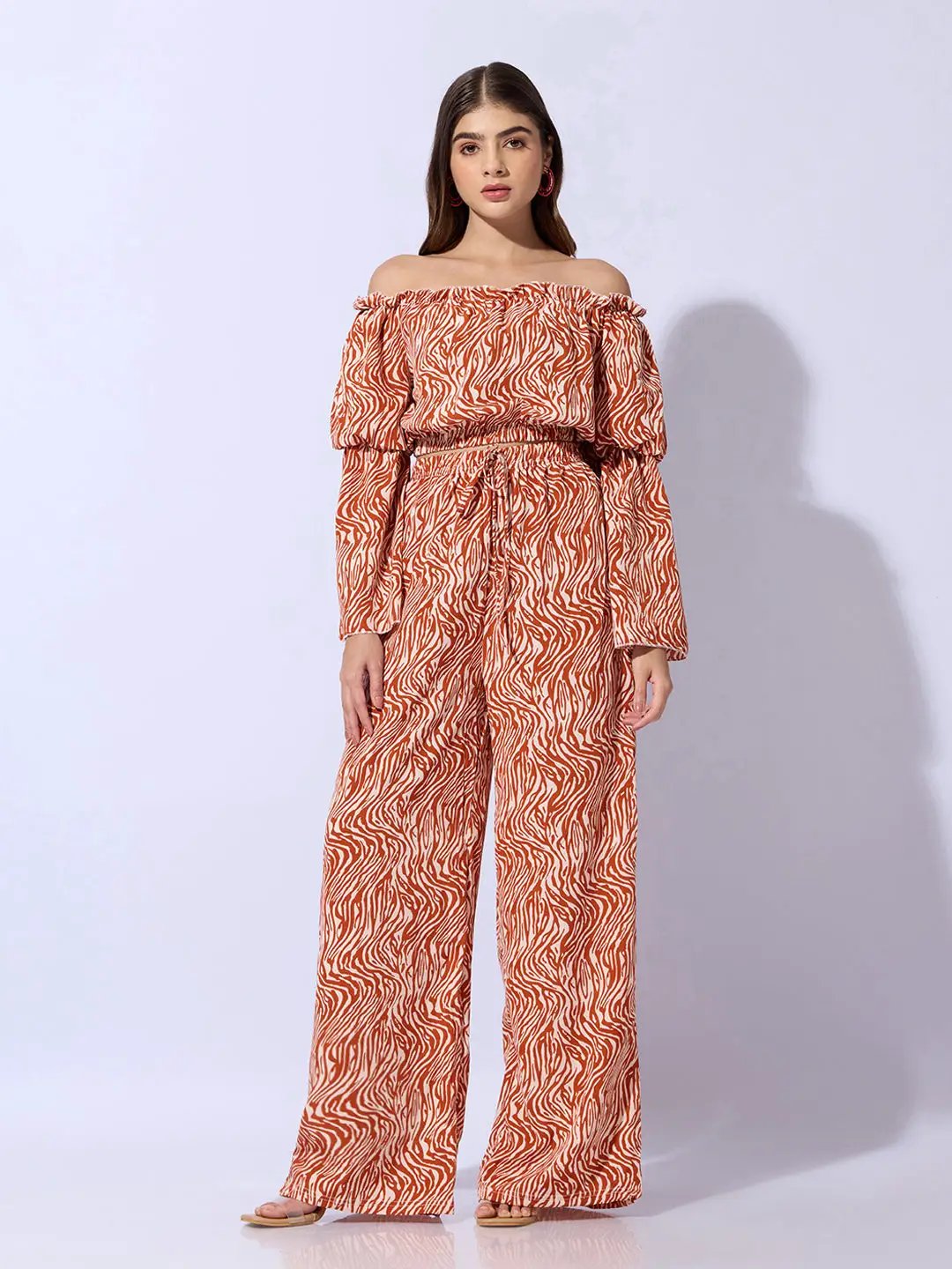 Women's Abstract Rust Off-Shoulder Top with Trouser Co-ord Set
