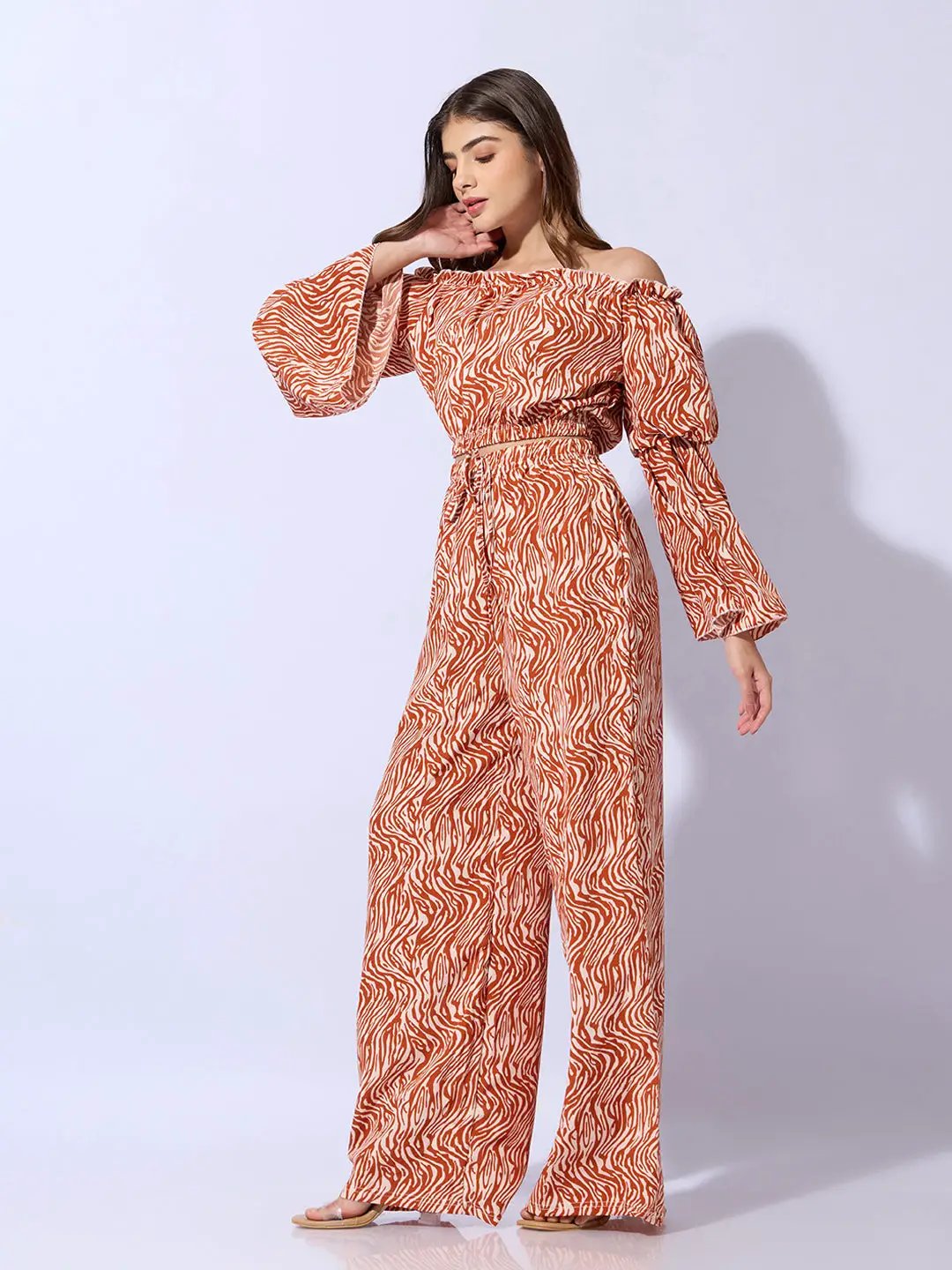 Women's Abstract Rust Off-Shoulder Top with Trouser Co-ord Set - Uncategorized from SHOWOFFFF