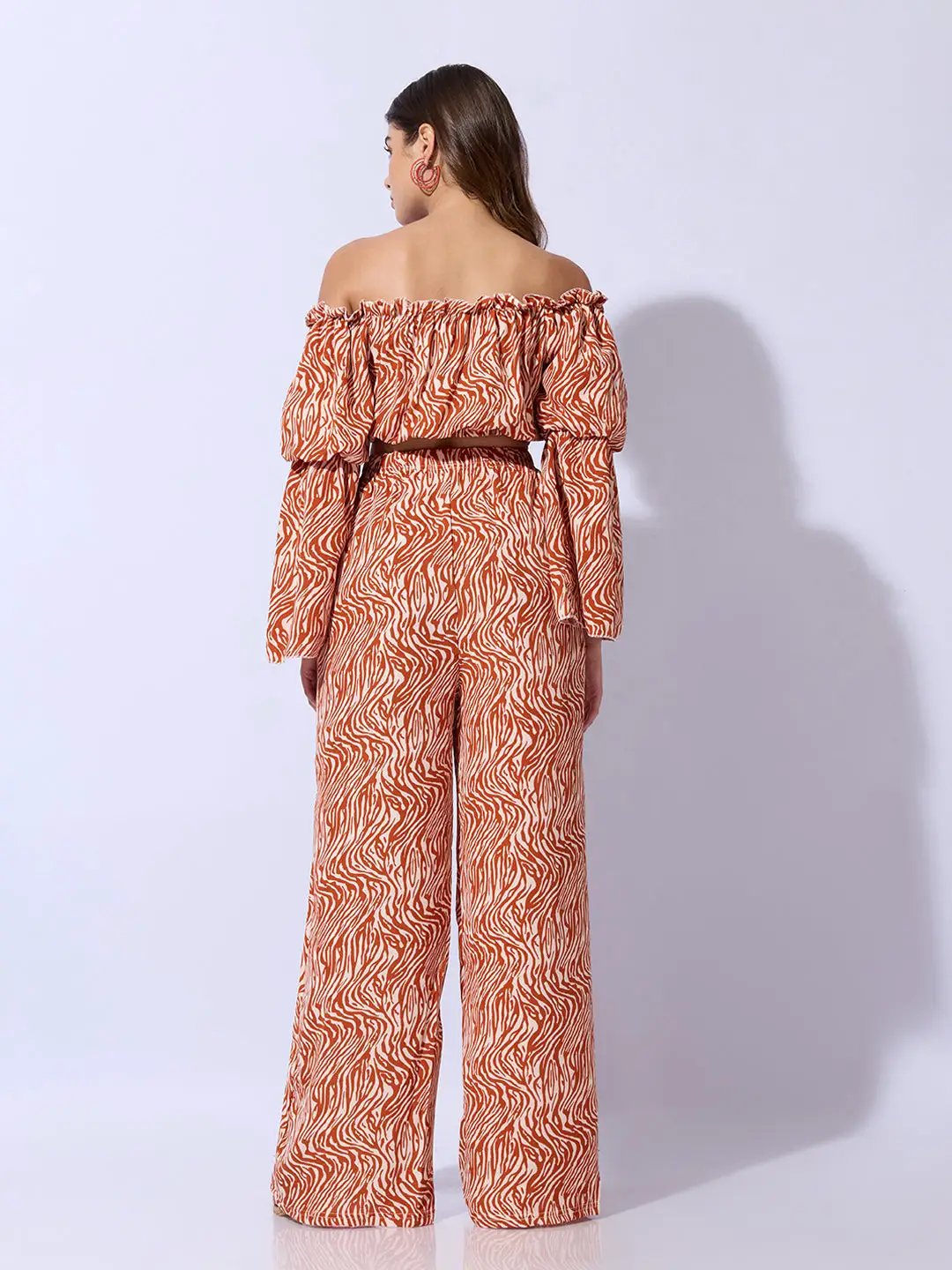 Women's Abstract Rust Off-Shoulder Top with Trouser Co-ord Set - Uncategorized from SHOWOFFFF
