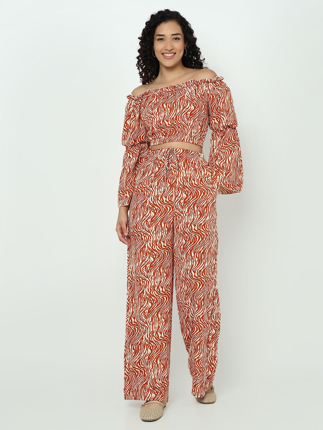 Women's Abstract Rust Off-Shoulder Top with Trouser Co-ord Set