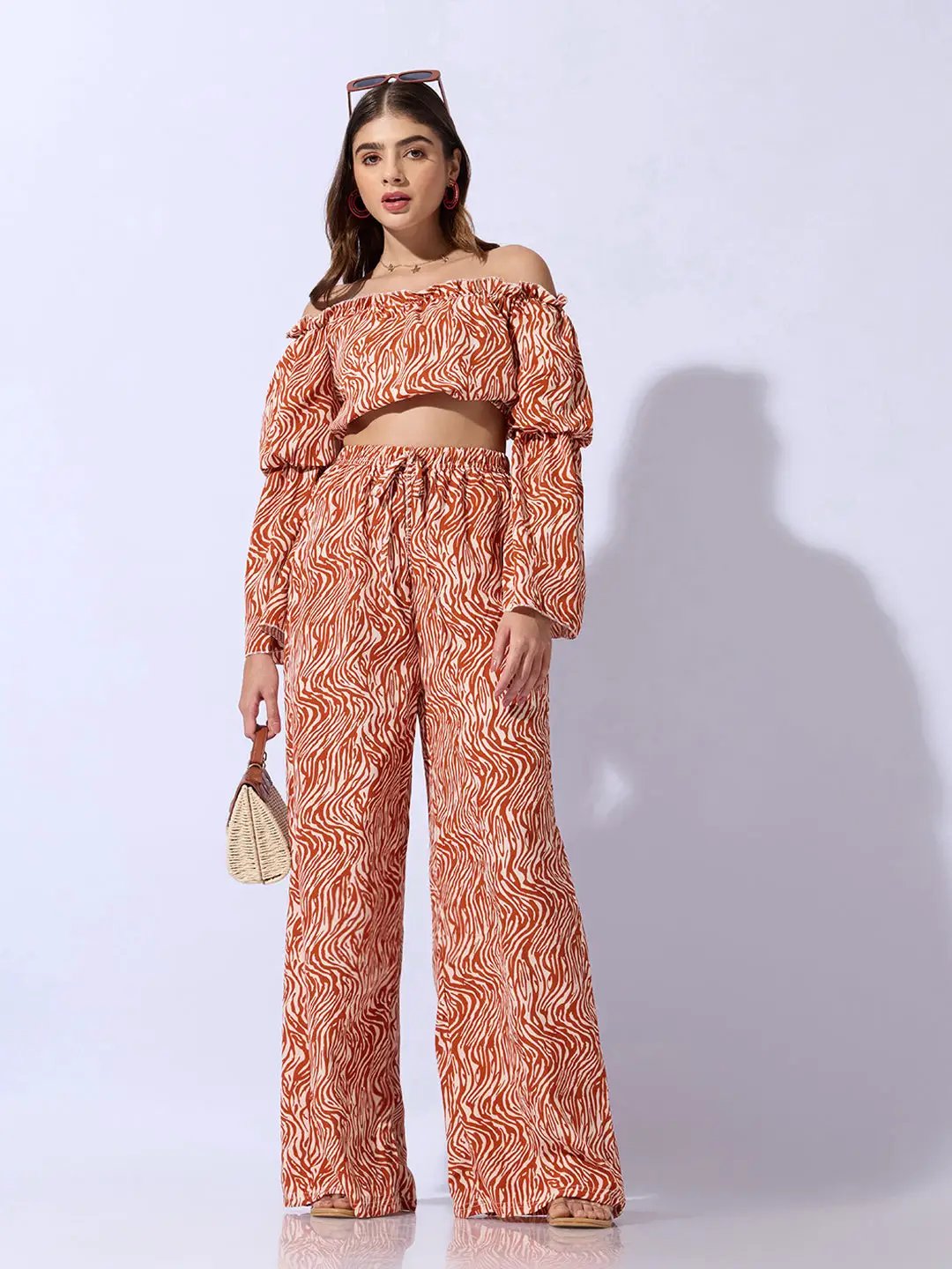 Women's Abstract Rust Off-Shoulder Top with Trouser Co-ord Set - Uncategorized from SHOWOFFFF