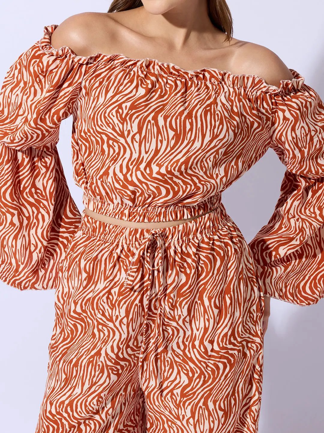 Women's Abstract Rust Off-Shoulder Top with Trouser Co-ord Set - Uncategorized from SHOWOFFFF