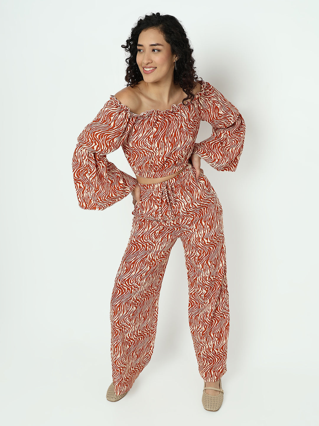 Women's Abstract Rust Off-Shoulder Top with Trouser Co-ord Set