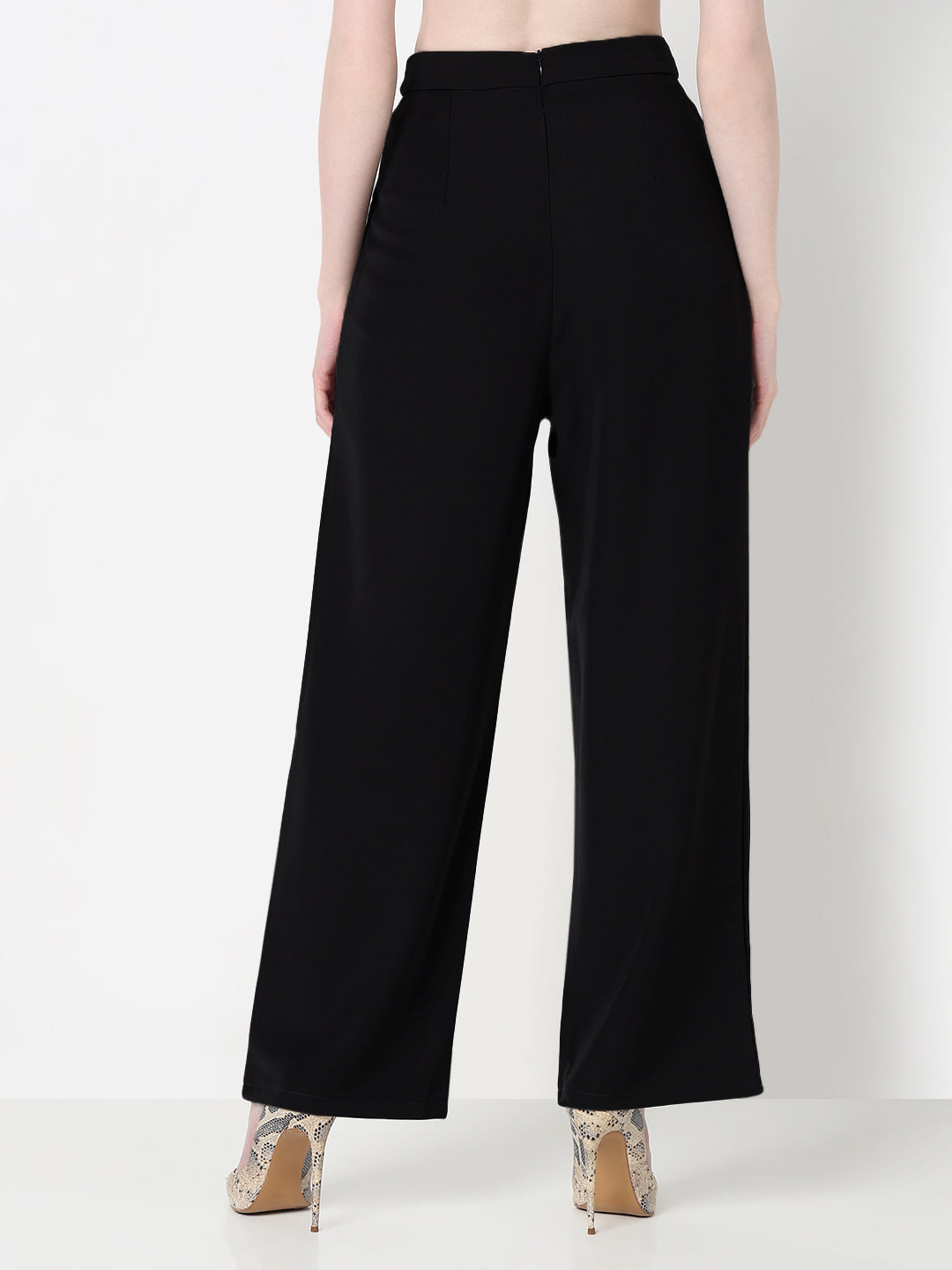 Women's Black Pleated Trousers with Attached Belt