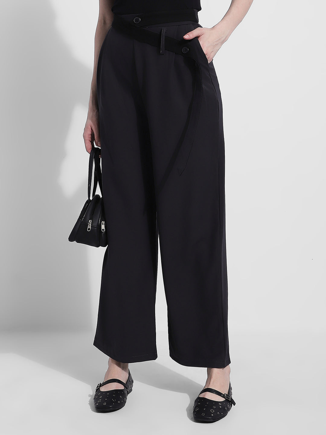 Women's Grey Pleated Trousers with Attached Belt
