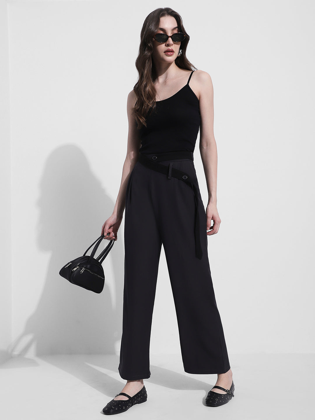 Women's Grey Pleated Trousers with Attached Belt