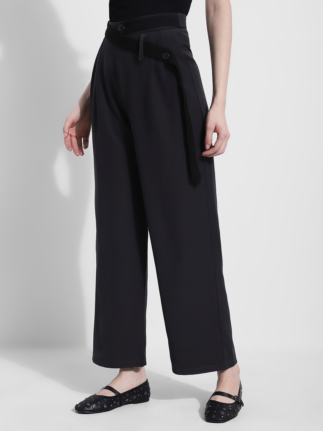 Women's Grey Pleated Trousers with Attached Belt