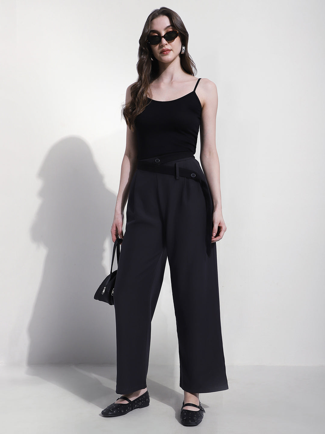 Women's Grey Pleated Trousers with Attached Belt