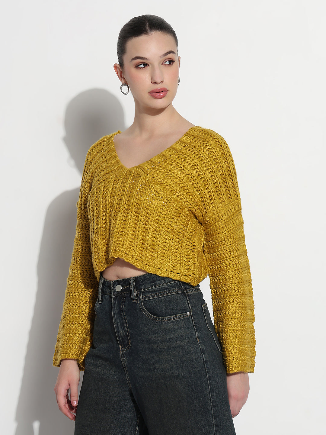 Women's Mustard V-Neck Knitted Crop Top