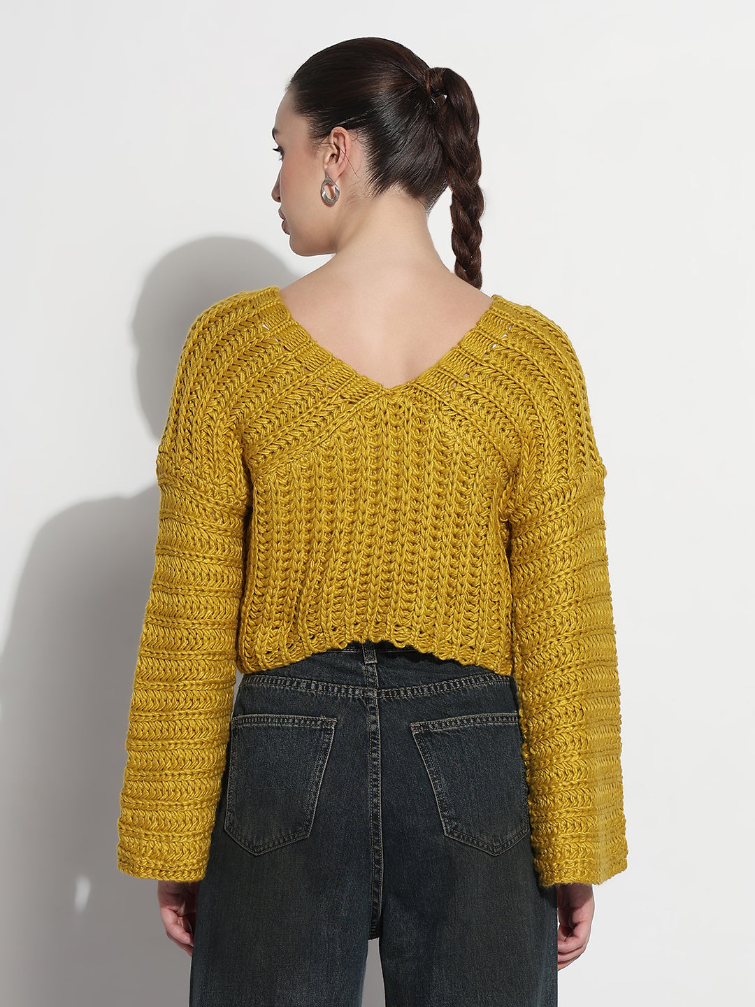 Women's Mustard V-Neck Knitted Crop Top