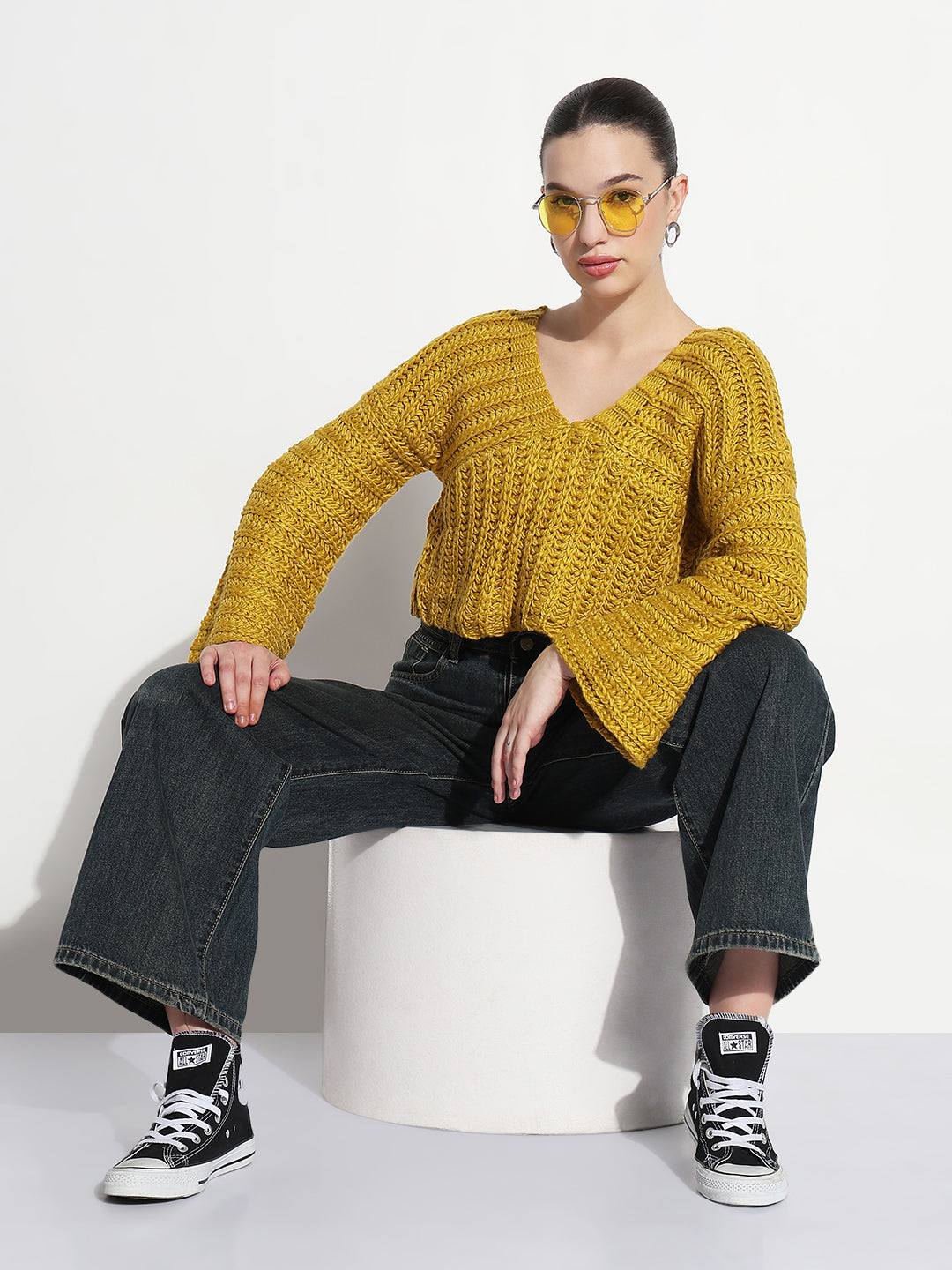 Women's Mustard V-Neck Knitted Crop Top