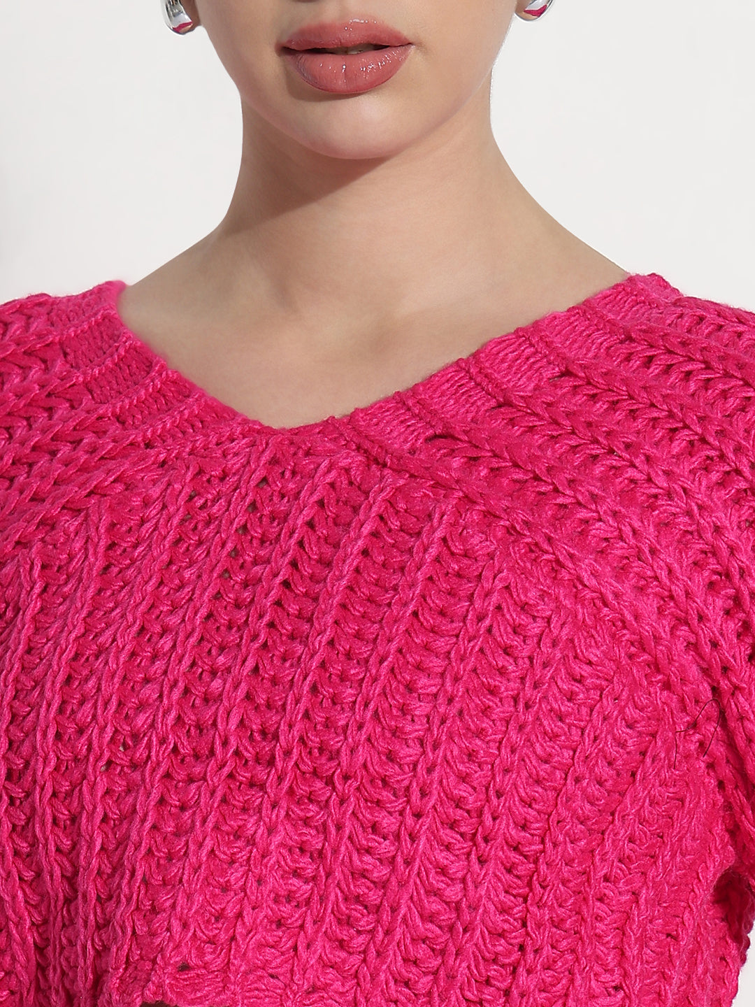 Women's Pink V-Neck Knitted Crop Top