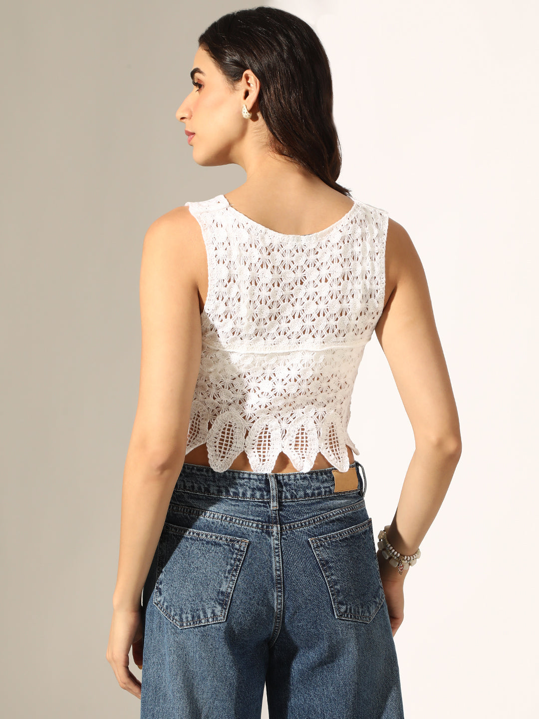 Women's White Crochet Sleeveless Crop Top with Embellished Lace Trim