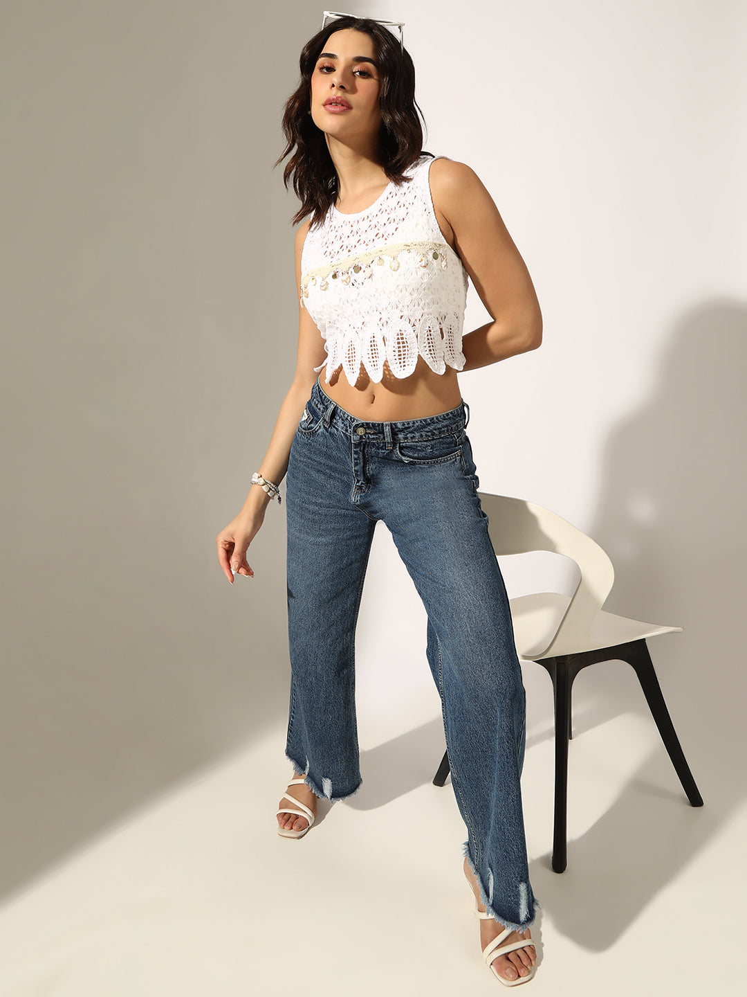 Women's White Crochet Sleeveless Crop Top with Embellished Lace Trim