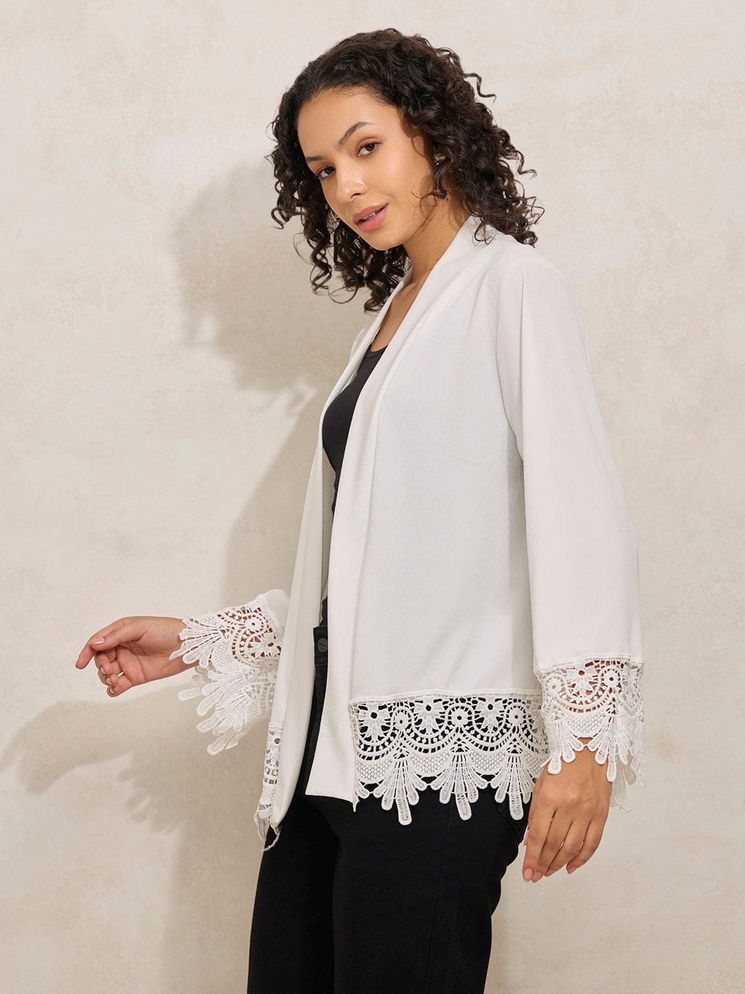 Women's White Open Front Shrug with Lace Detail