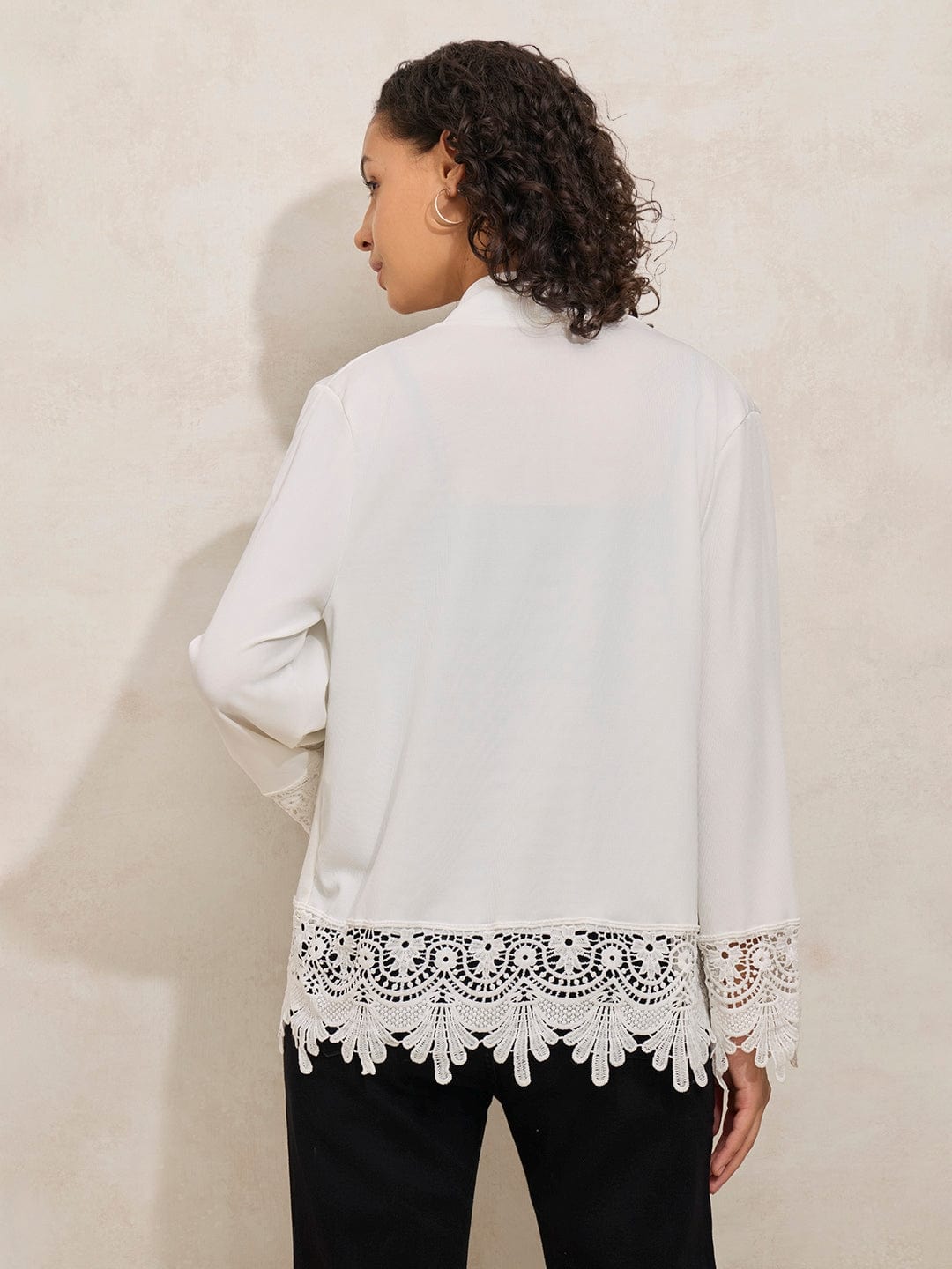 Women's White Open Front Shrug with Lace Detail