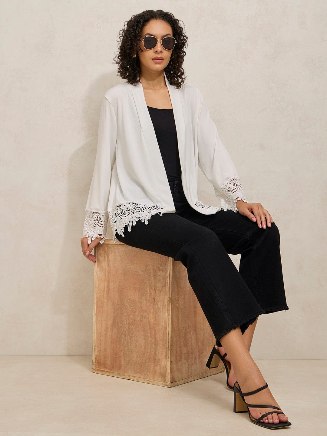 Women's White Open Front Shrug with Lace Detail