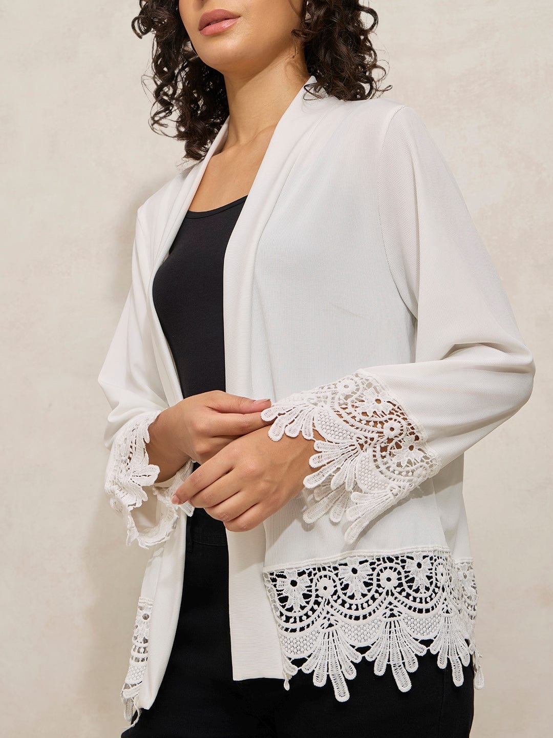 Women's White Open Front Shrug with Lace Detail