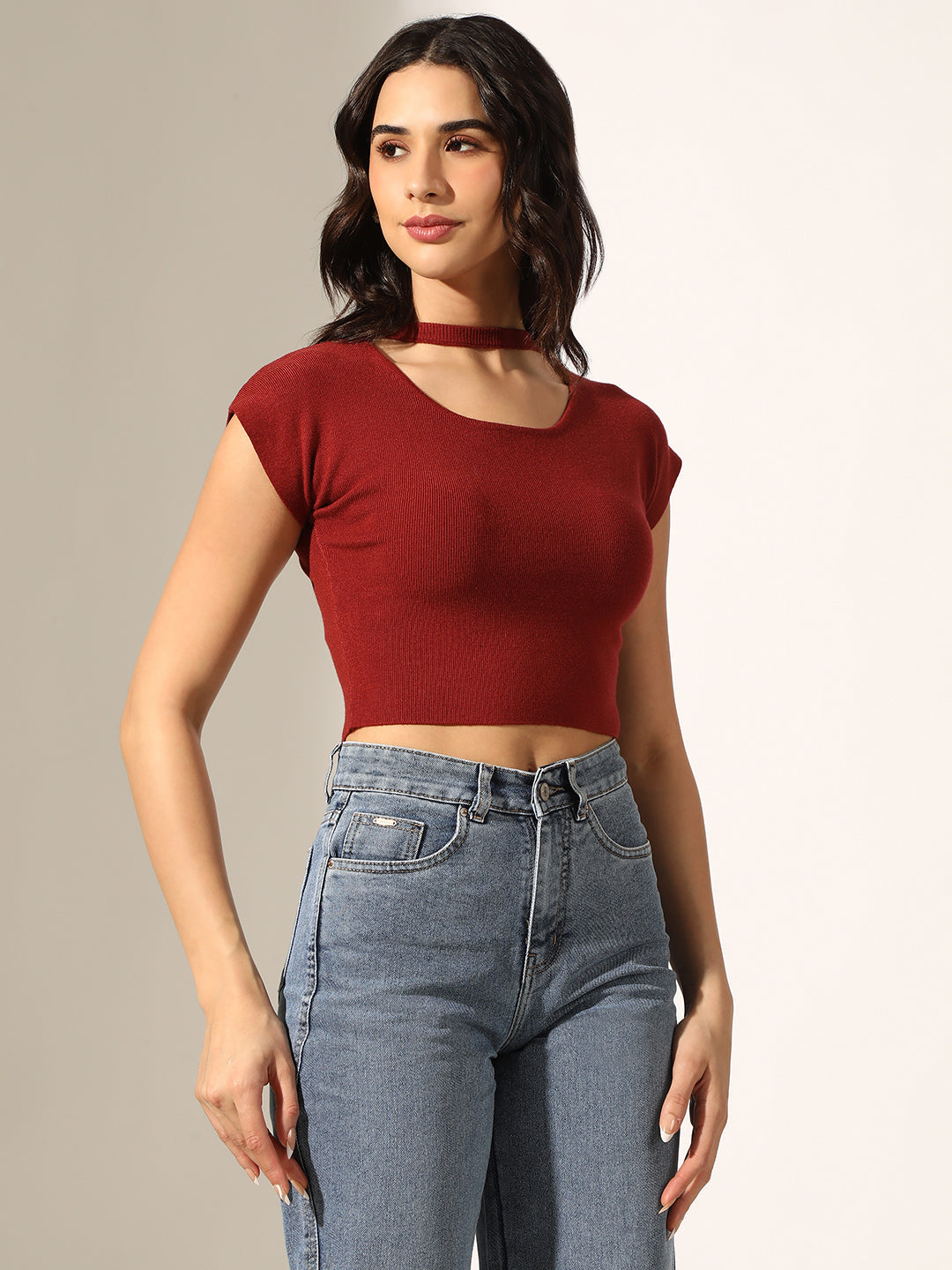 Women's Knitted Rust Choker Neck Crop Top