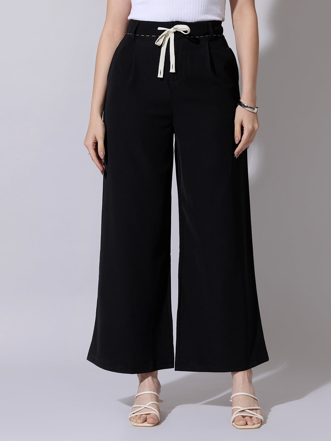 Women's Black Wide Leg Korean Trousers with Contrast Drawcord and Stitch Details