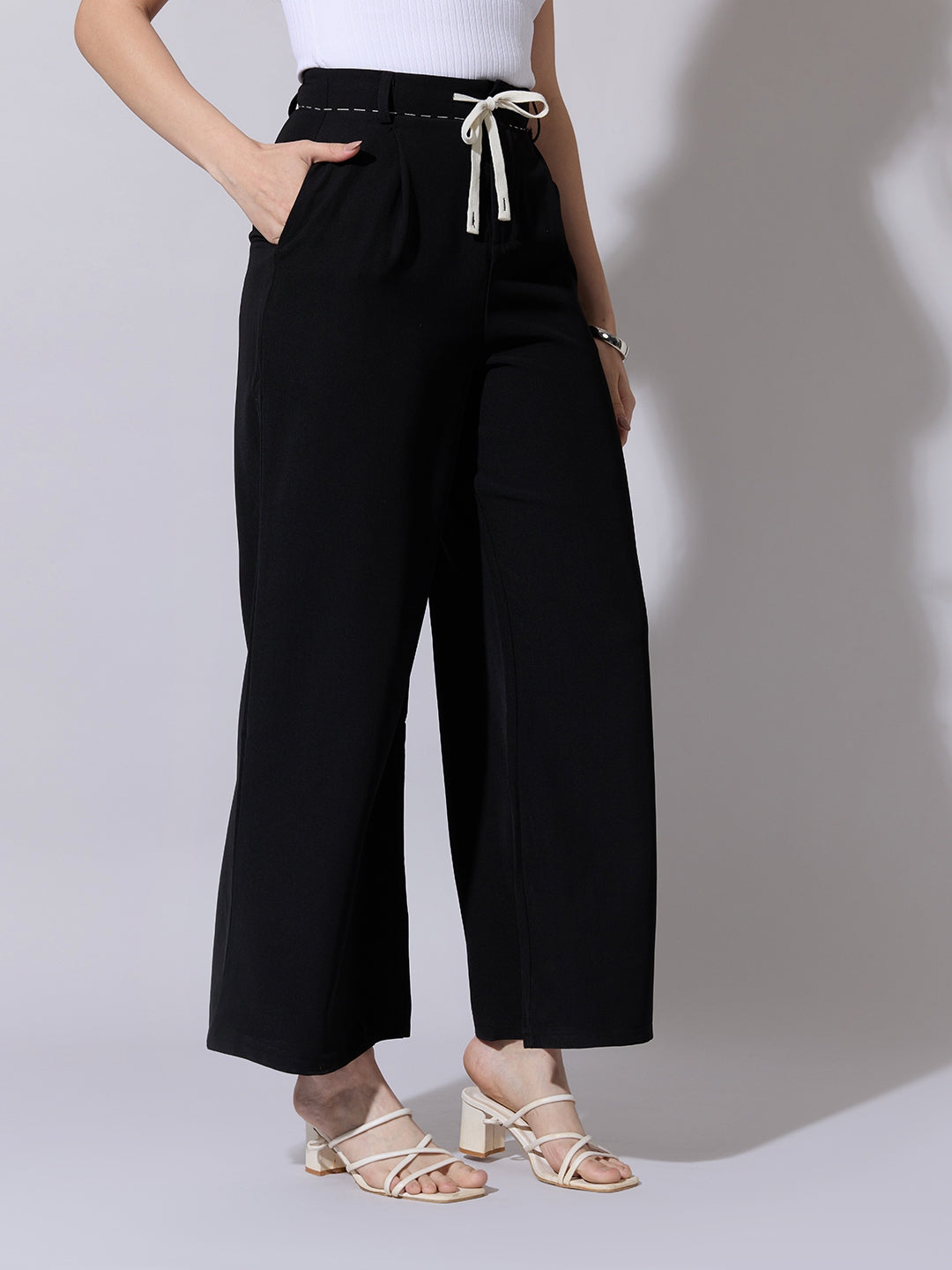 Women's Black Wide Leg Korean Trousers with Contrast Drawcord and Stitch Details