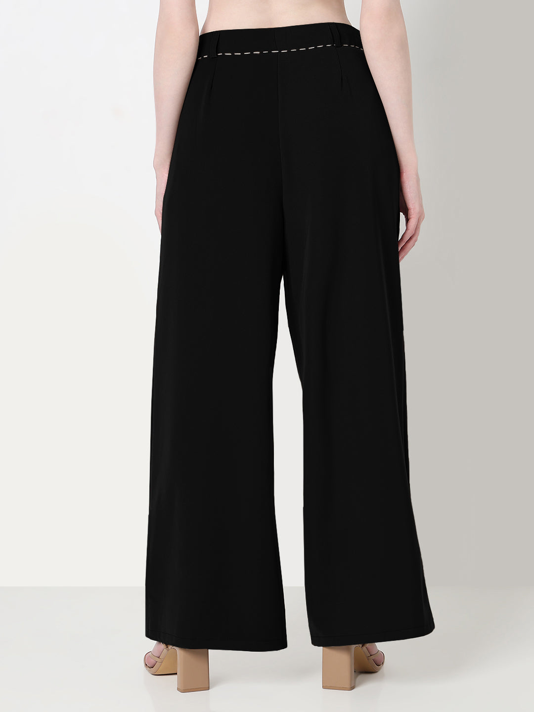 Women's Black Wide Leg Korean Trousers with Contrast Drawcord and Stitch Details