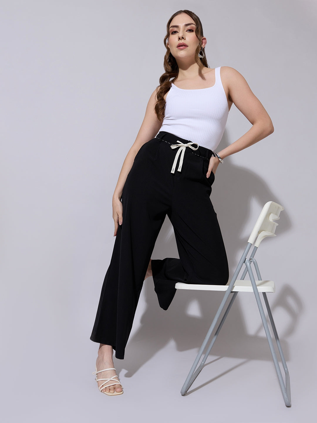 Women's Black Wide Leg Korean Trousers with Contrast Drawcord and Stitch Details