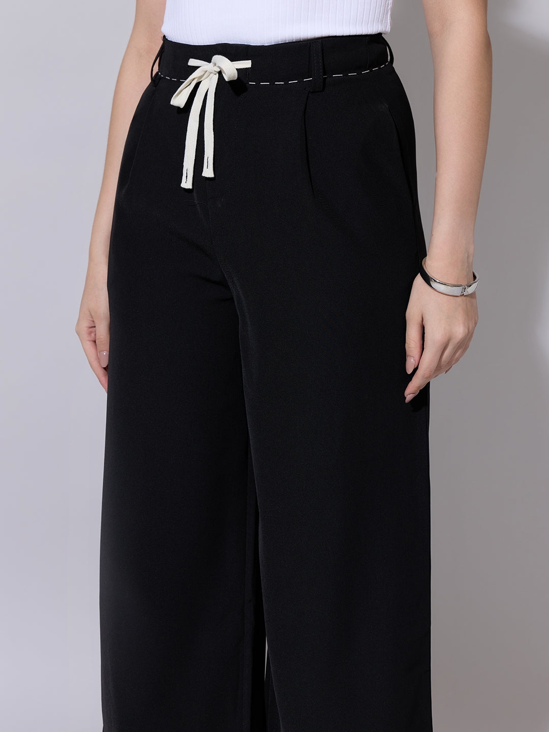 Women's Black Wide Leg Korean Trousers with Contrast Drawcord and Stitch Details