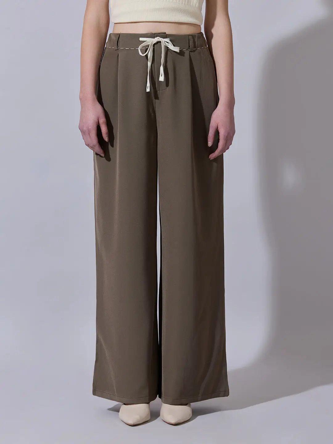 Women's Brown Wide Leg Korean Trousers with Contrast Drawcord and Stitch Details - Uncategorized from SHOWOFFFF