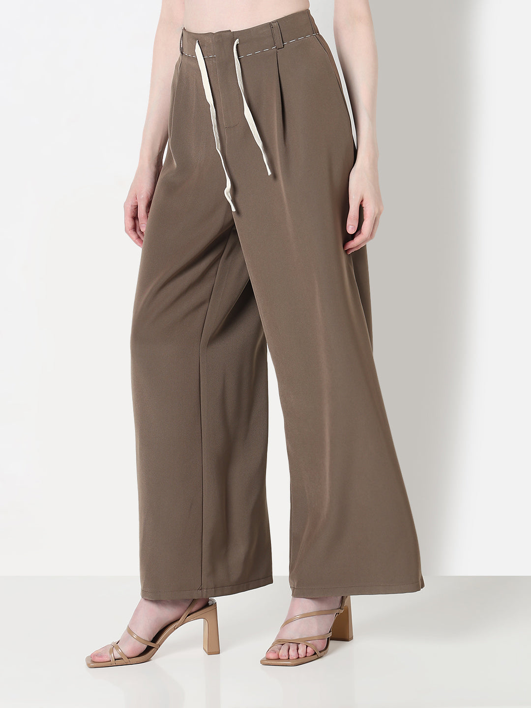 Women's Brown Wide Leg Korean Trousers with Contrast Drawcord and Stitch Details
