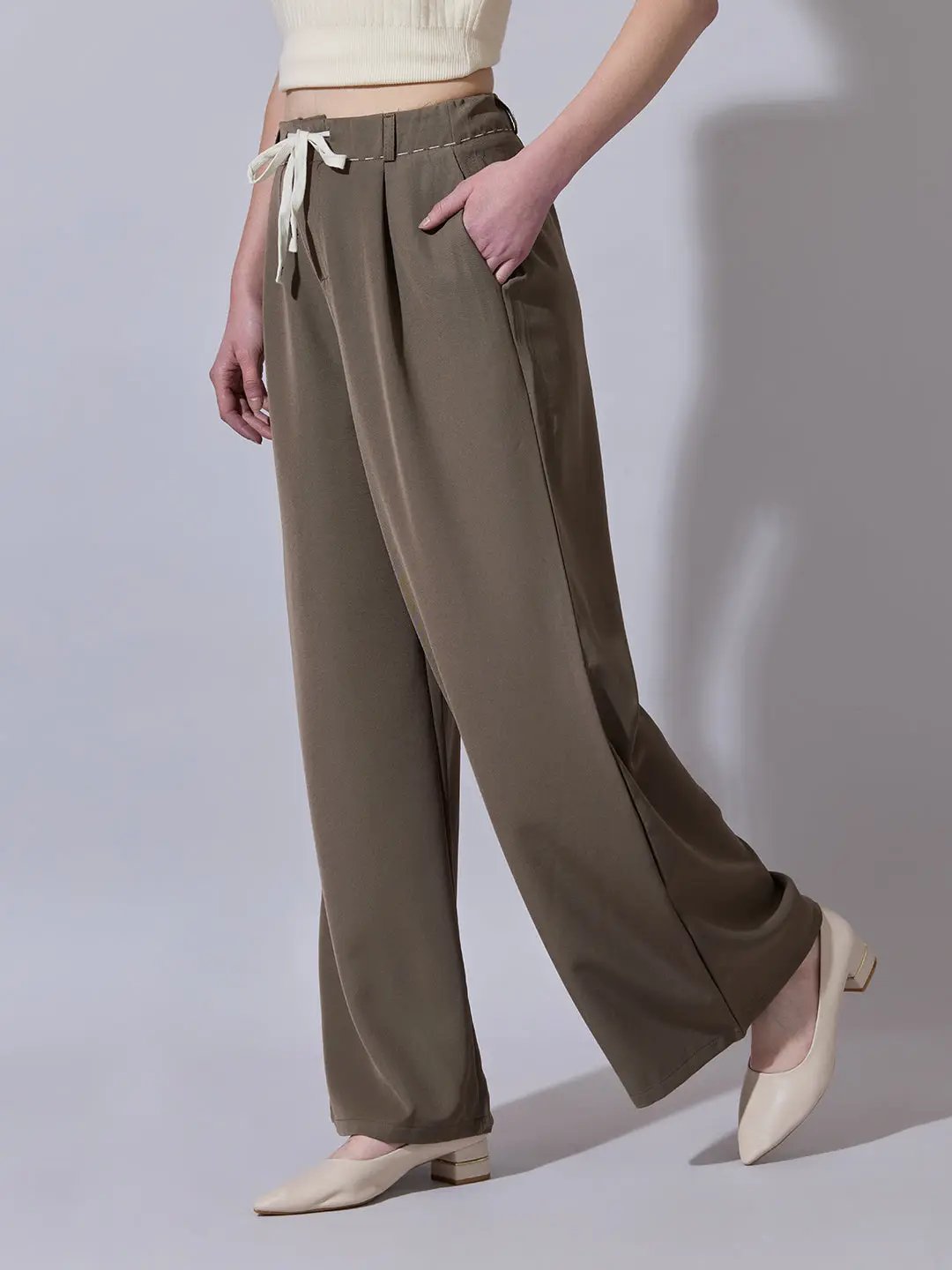 Women's Brown Wide Leg Korean Trousers with Contrast Drawcord and Stitch Details - Uncategorized from SHOWOFFFF