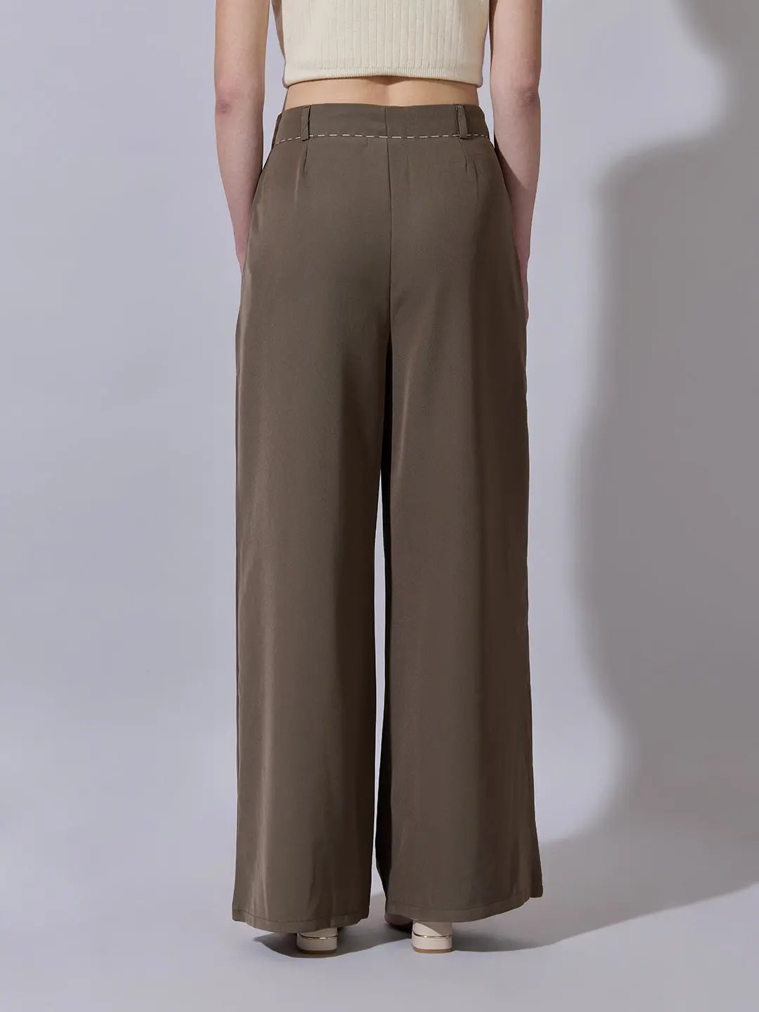 Women's Brown Wide Leg Korean Trousers with Contrast Drawcord and Stitch Details - Uncategorized from SHOWOFFFF