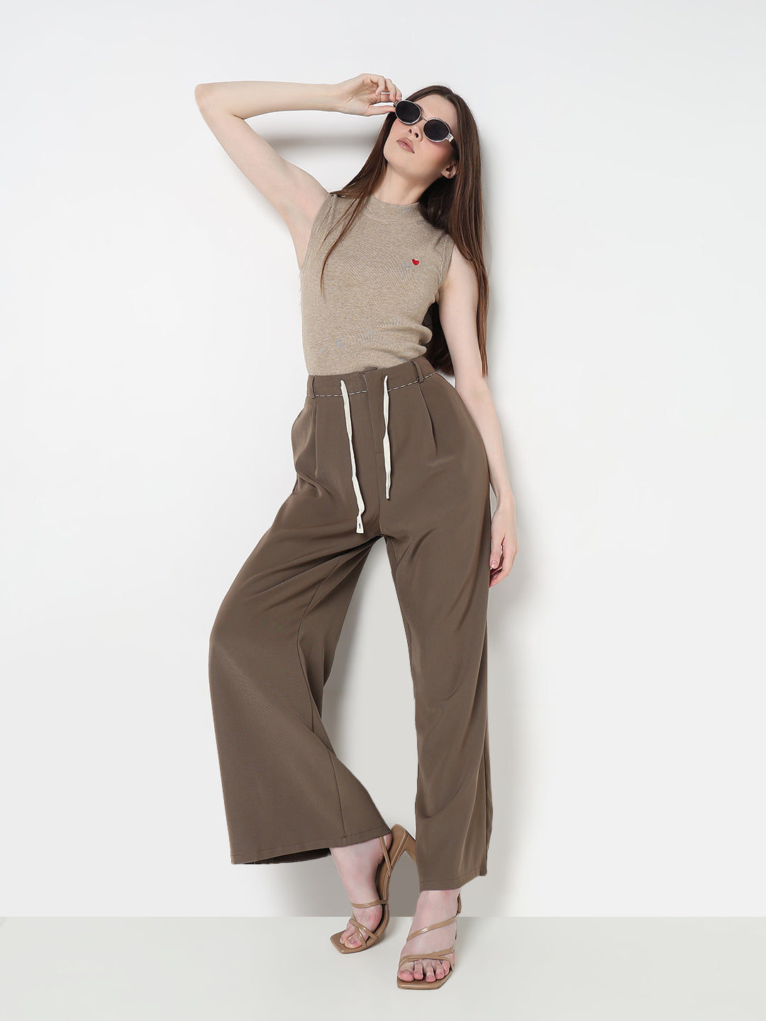 Women's Brown Wide Leg Korean Trousers with Contrast Drawcord and Stitch Details
