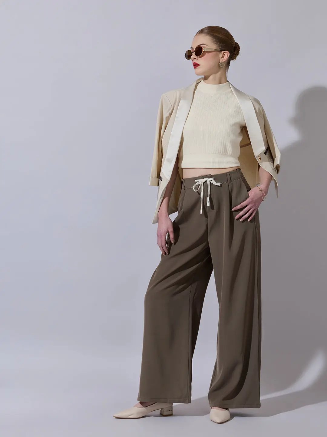 Women's Brown Wide Leg Korean Trousers with Contrast Drawcord and Stitch Details - Uncategorized from SHOWOFFFF