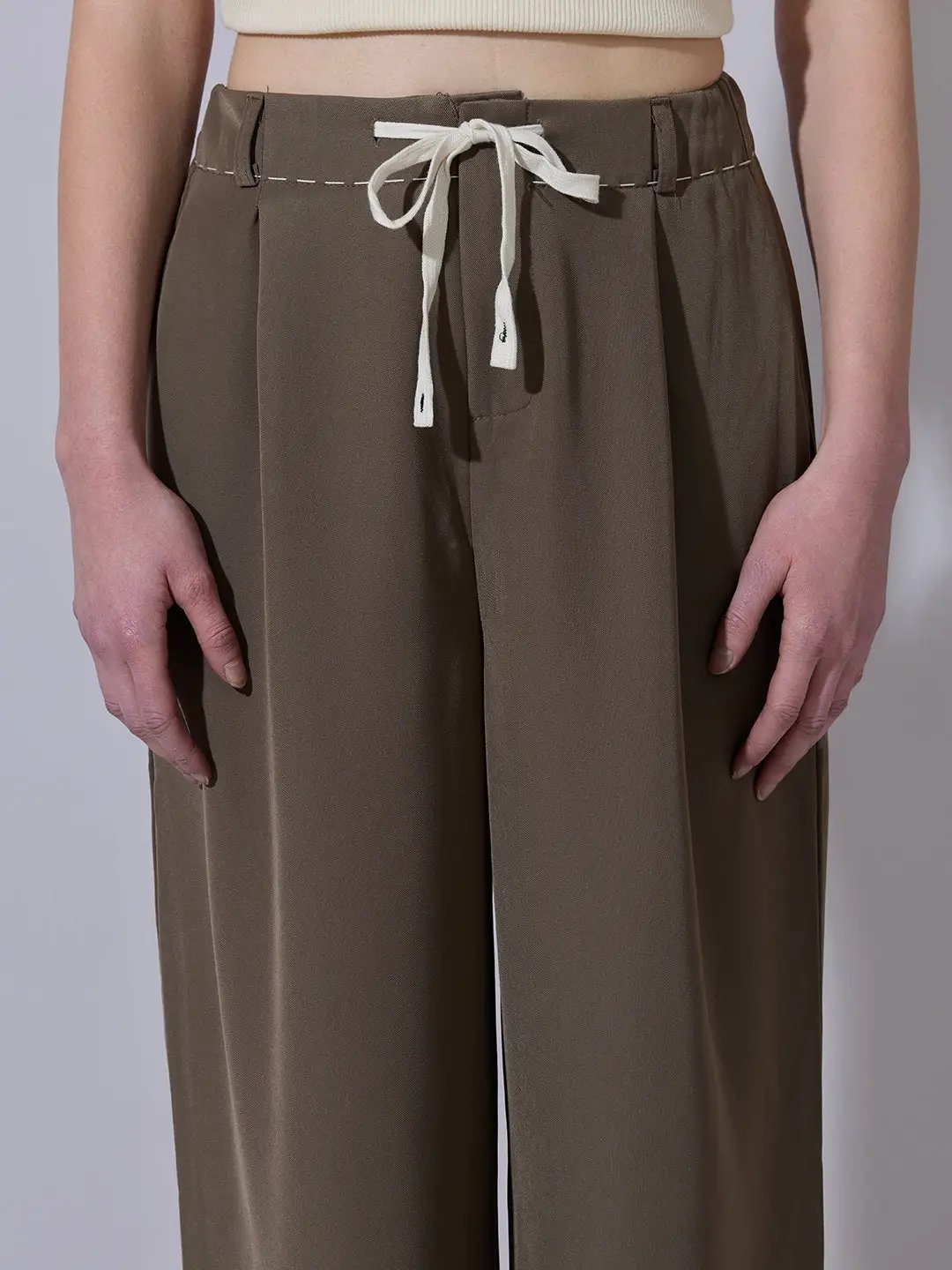Women's Brown Wide Leg Korean Trousers with Contrast Drawcord and Stitch Details - Uncategorized from SHOWOFFFF