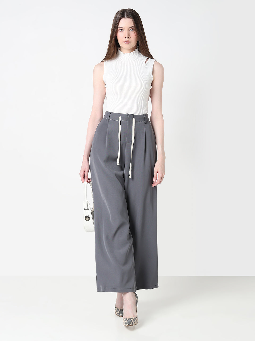 Women's Grey Wide Leg Korean Trousers with Contrast Drawcord and Stitch Details