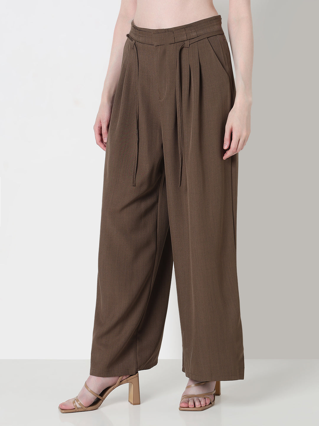 Women's Brown Pleated Wide Leg Formal Trousers