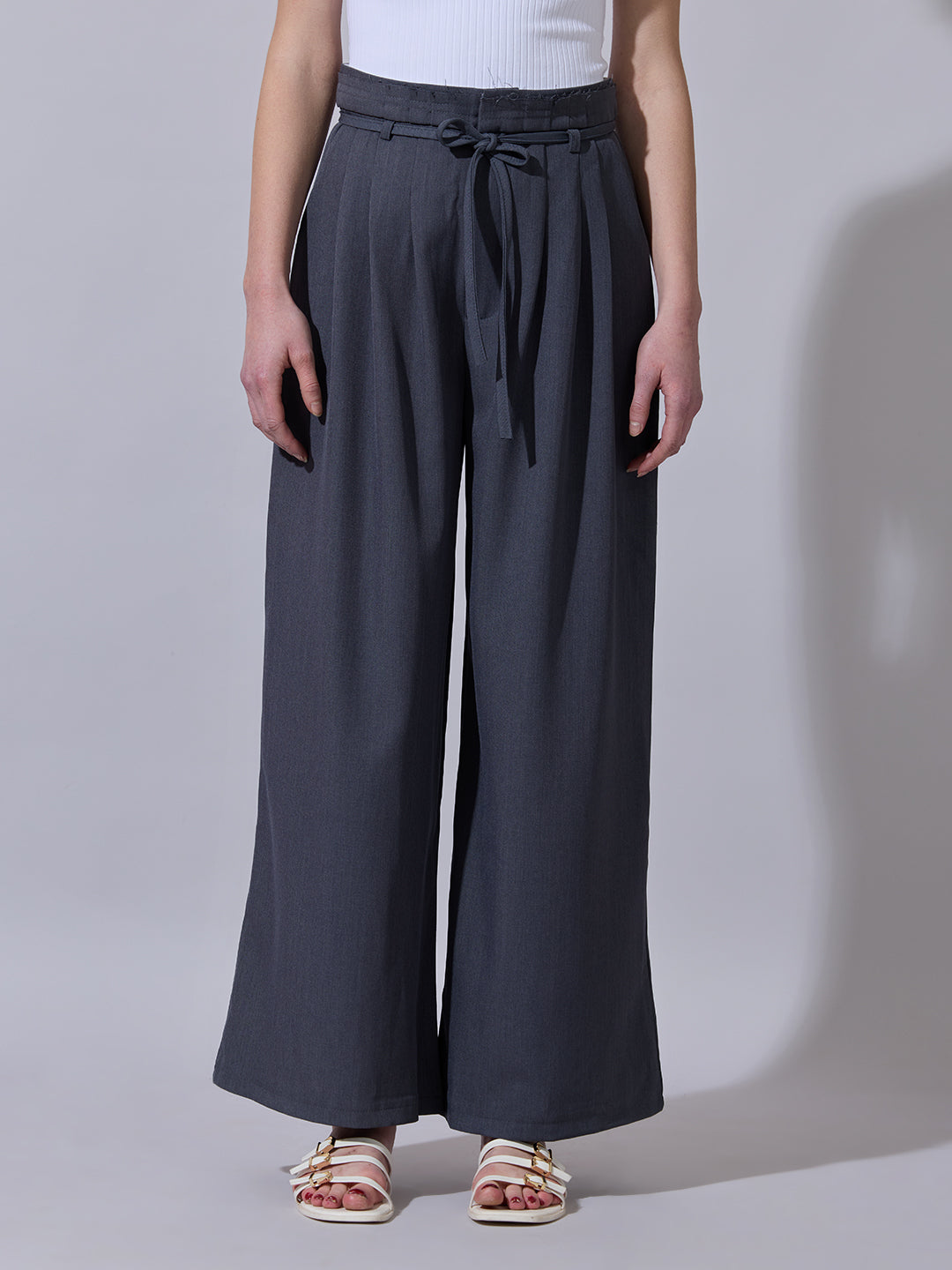 Women's Grey Pleated Wide Leg Formal Trousers