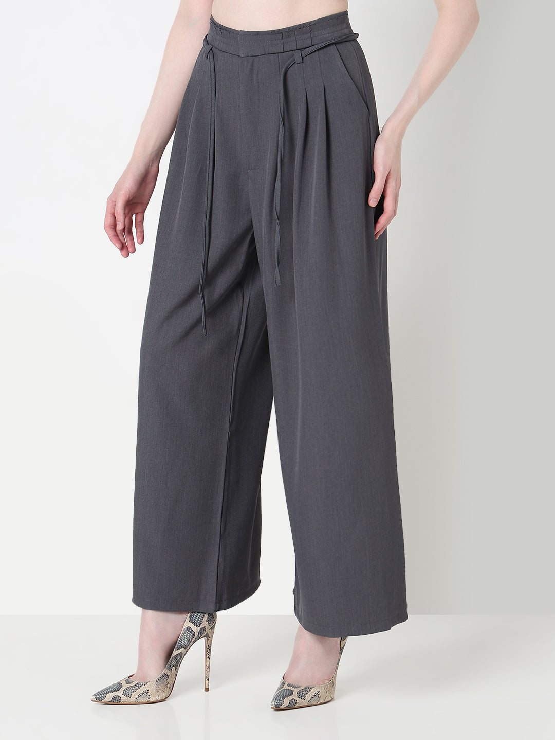 Women's Grey Pleated Wide Leg Formal Trousers