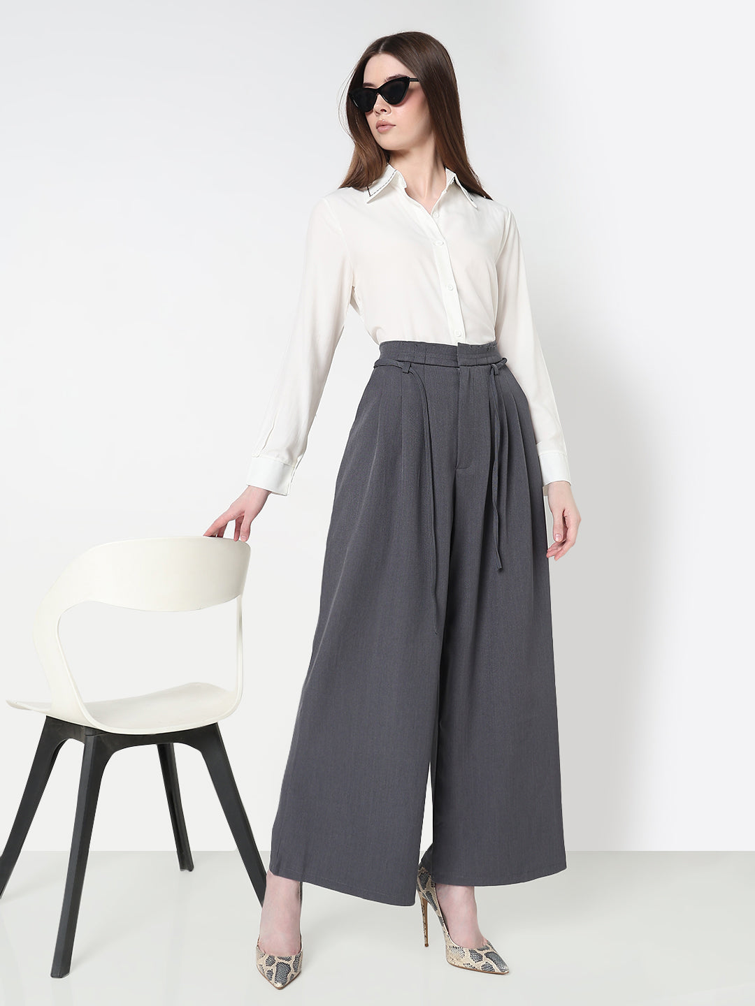 Women's Grey Pleated Wide Leg Formal Trousers
