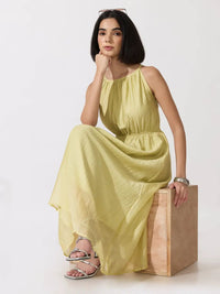 Women's Green Sleeveless Gathered Waist Maxi Dress