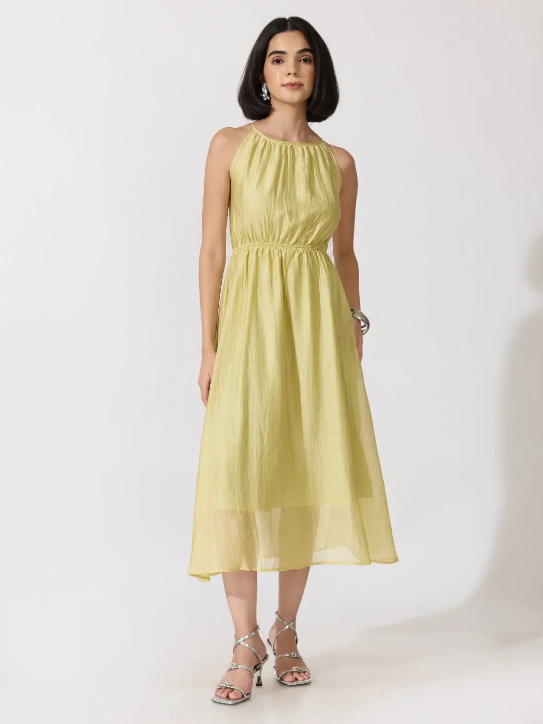 Women's Green Sleeveless Gathered Waist Maxi Dress