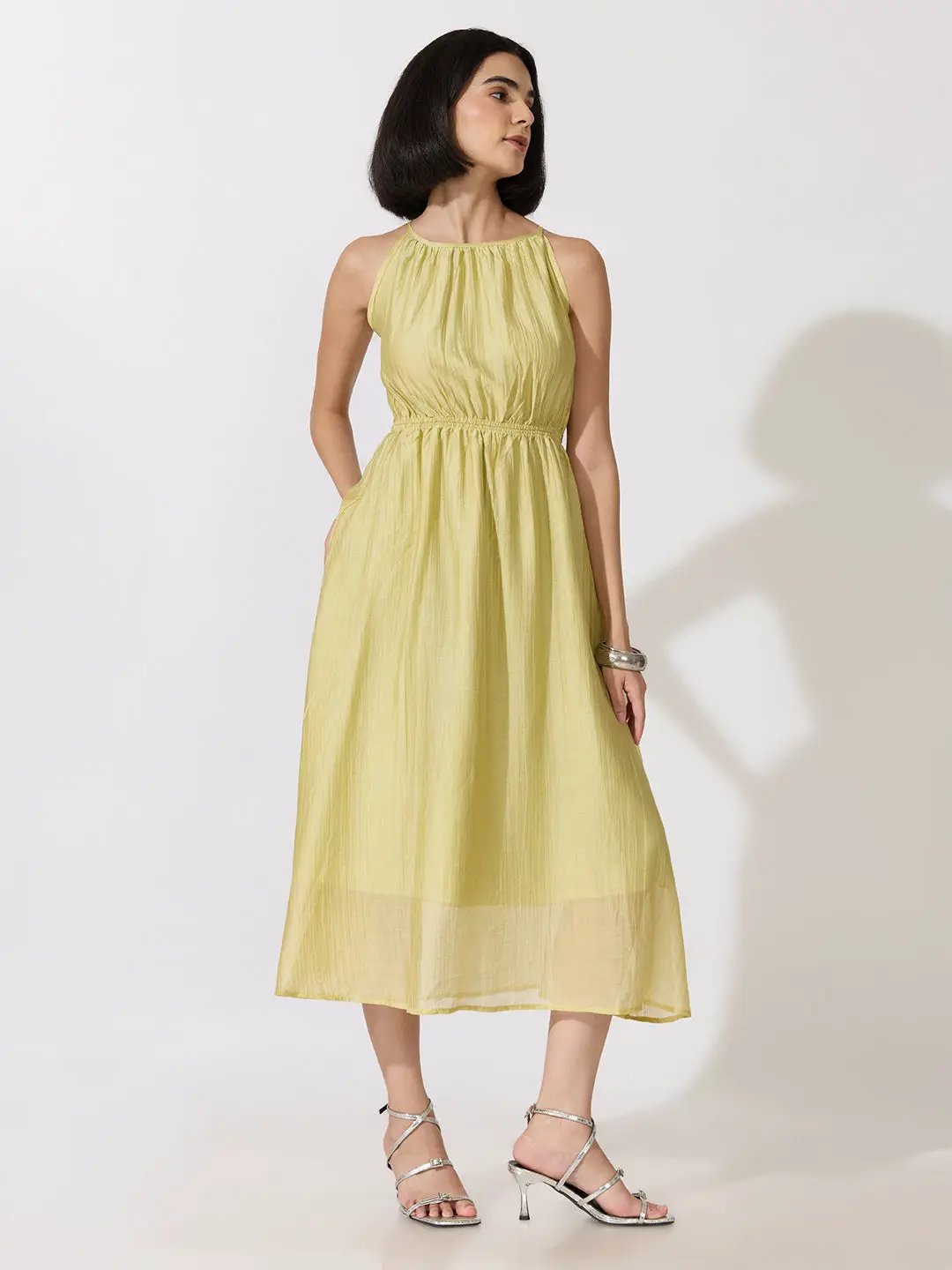 Women's Green Sleeveless Gathered Waist Maxi Dress