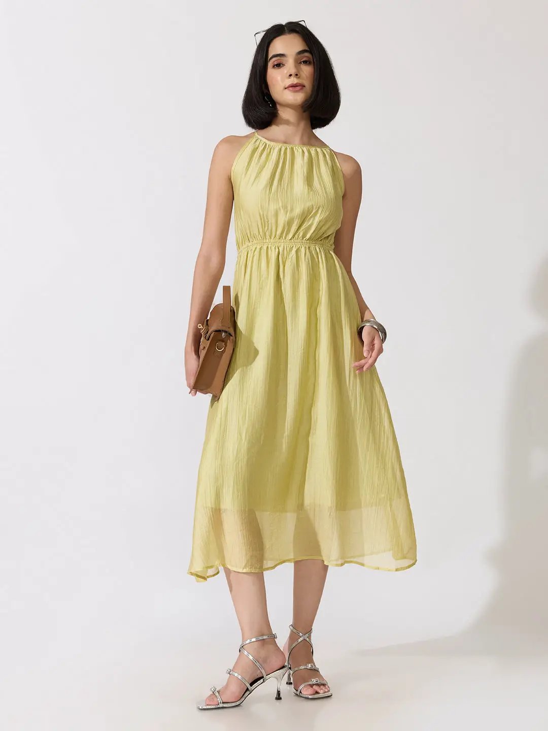 Women's Green Sleeveless Gathered Waist Maxi Dress