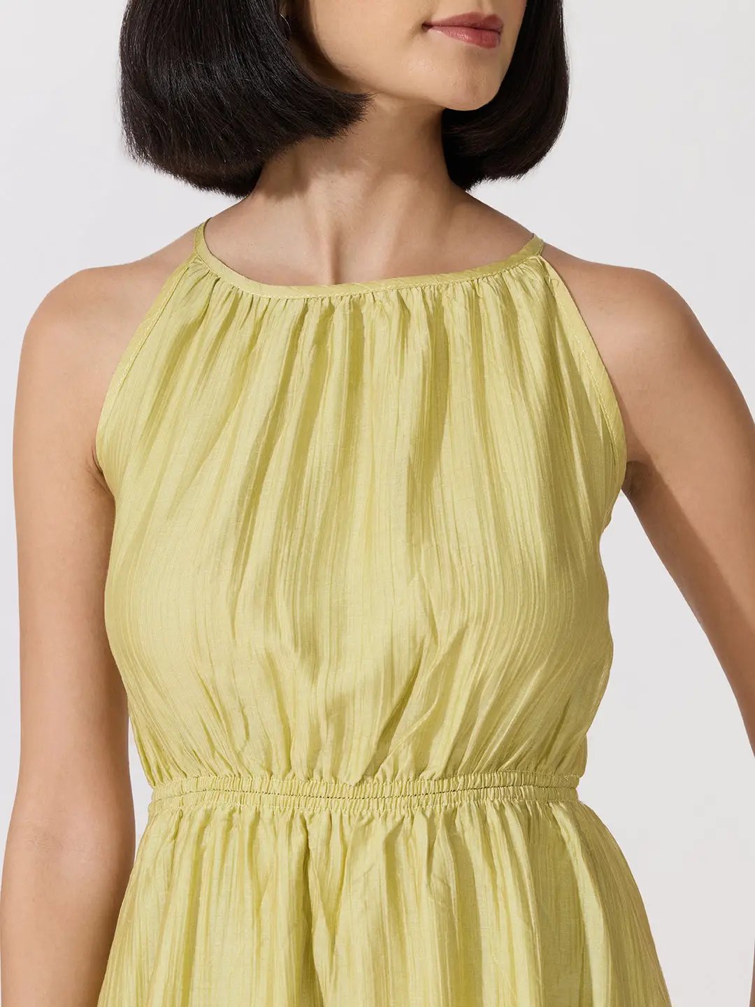 Women's Green Sleeveless Gathered Waist Maxi Dress