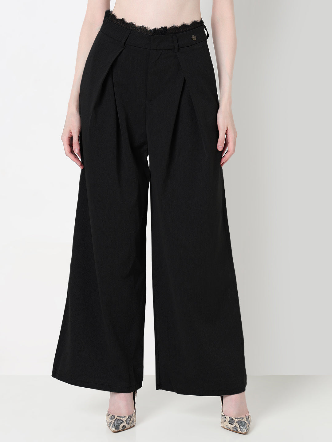 Women's Black Wide Leg Formal Trousers with Lace Trim Detail