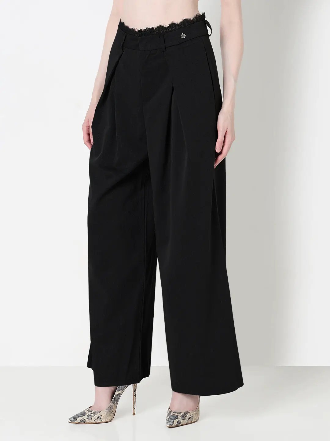 Women's Black Wide Leg Formal Trousers with Lace Trim Detail - from SHOWOFFFF