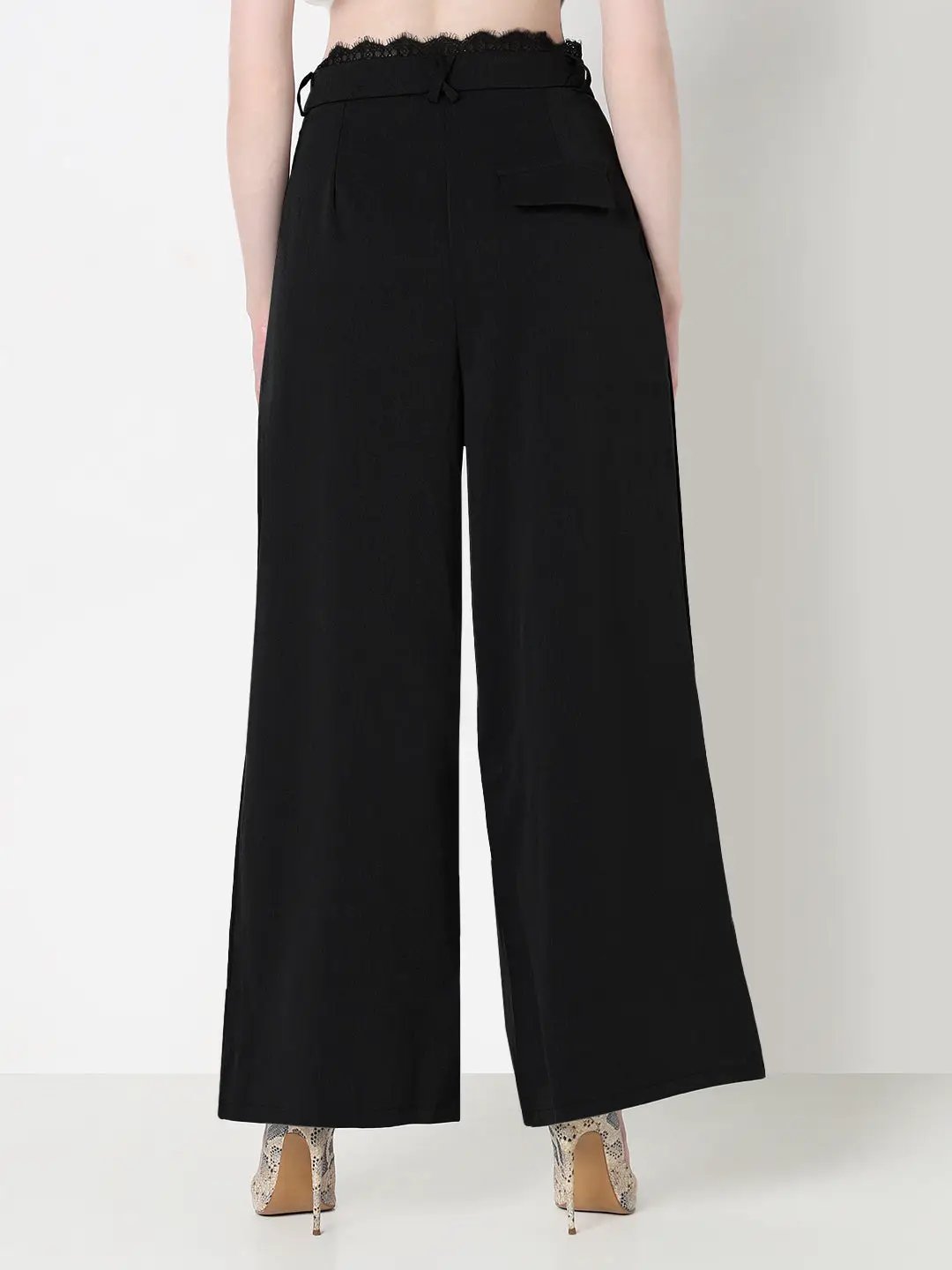 Women's Black Wide Leg Formal Trousers with Lace Trim Detail - from SHOWOFFFF