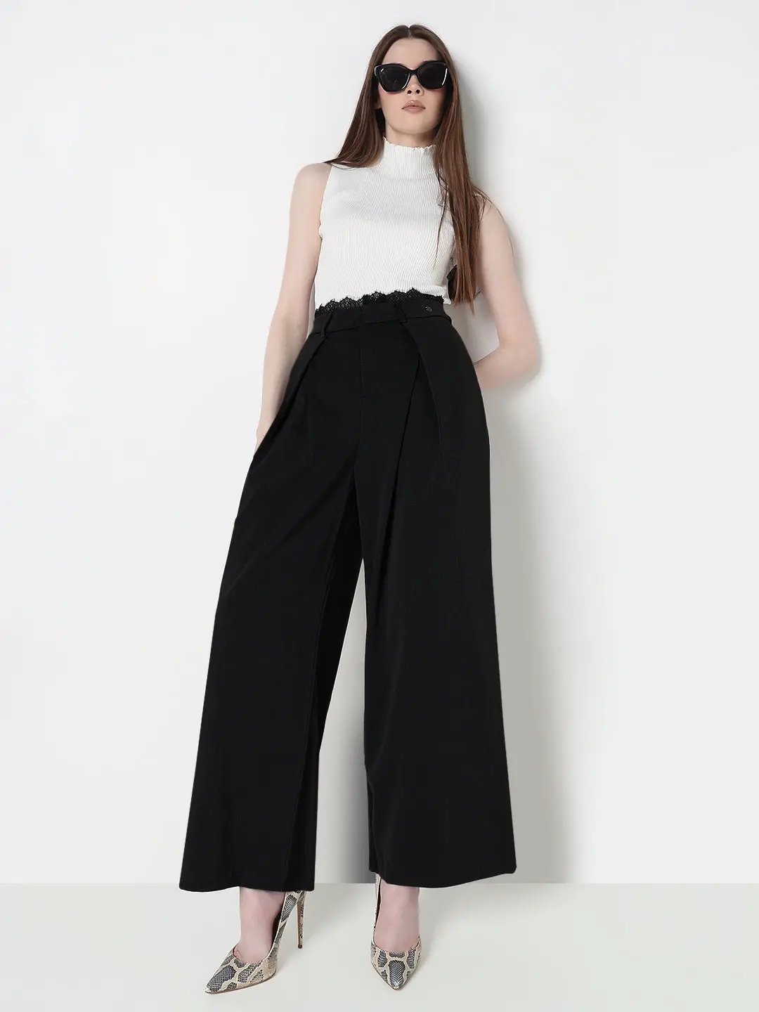 Women's Black Wide Leg Formal Trousers with Lace Trim Detail - from SHOWOFFFF